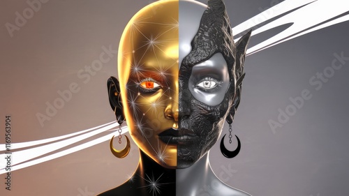 Obraz na płótnie Fantasy-inspired golden and black celestial humanoid w salonie