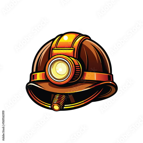 A realistic miner's helmet with an attached headlamp, depicted in a cartoon style with a brown hardhat, orange headband, and bright yellow light.