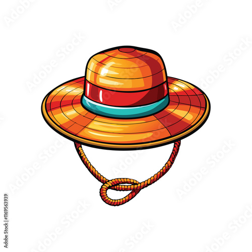 A realistic lifeguard hat with a straw body and a red and blue band.