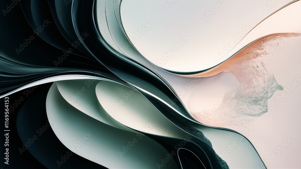Abstract fluid black and pastel composition with smooth curves