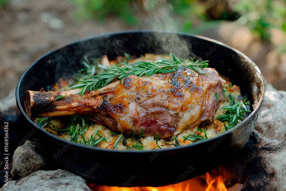 Juicy roast lamb cooked over an open flame with fresh herbs under the sun Juicy roast lamb cooked over an open flame with fresh herbs under the sun