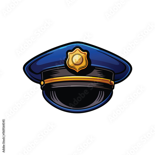 Realistic illustration of a police officer's peaked cap with a gold badge on top.