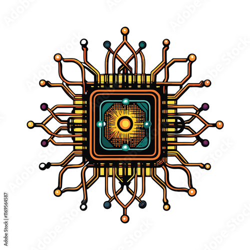 A detailed illustration of a realistic quantum computer with intricate wires and a complex circuit board.
