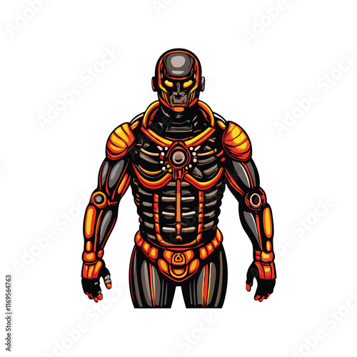 A realistic robotic exoskeleton suit, with orange and black accents, being worn by a person.