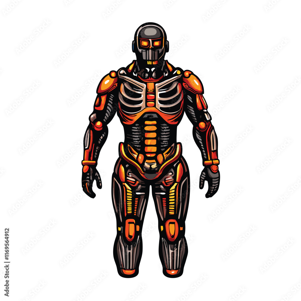 A detailed illustration of a realistic robotic exoskeleton suit being worn by a person. A detailed illustration of a realistic robotic exoskeleton suit being worn by a person.