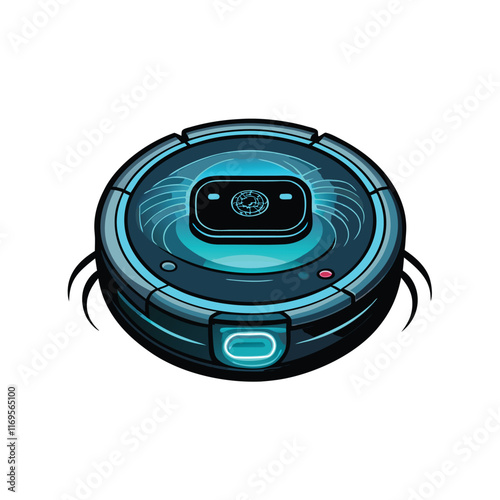 A futuristic robotic vacuum cleaner with AI navigation, featuring a blue and grey design with a black sensor bar.