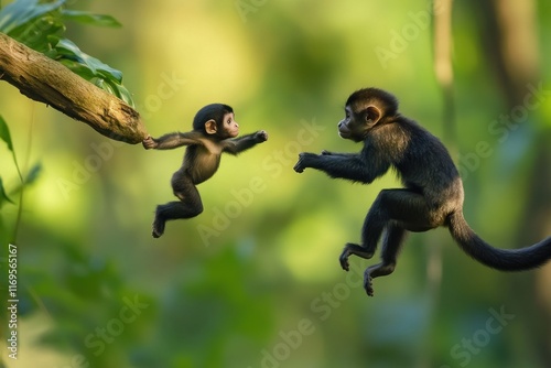 Two monkeys, a baby and adult, playfully leap between tree branches in a lush green forest.