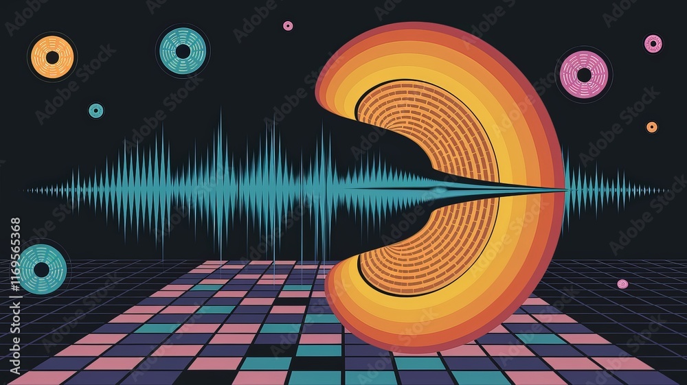 Abstract sound wave and vinyl record visualization in a futuristic digital setting