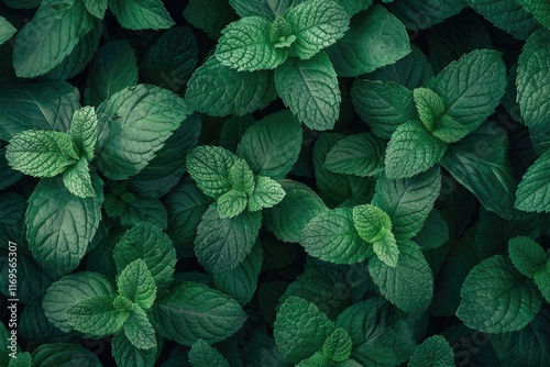 Green peppermint leaves pattern layout design with growing plants.