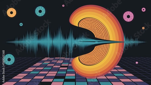 Obraz na płótnie Abstract sound wave and vinyl record visualization in a futuristic digital setting w salonie
