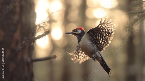 A white-backed woodpecker in flight, wings spread, against a sunlit forest background. photo