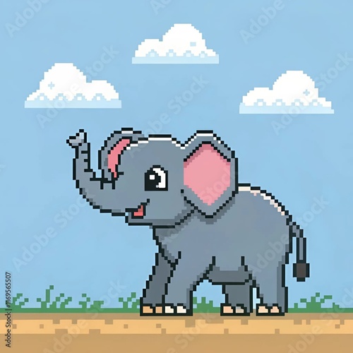 Pixel art elephant standing on grass with a light green gradient background. The elephant features large ears and tusks, ideal for retro gaming or digital artwork themes. photo