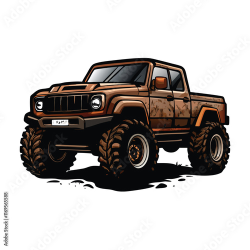 Create a realistic vector design of a rugged off-road pickup truck with large tires and a camouflage pattern.