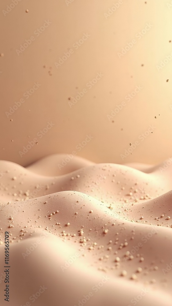 Macro of beige sand particles on wavy surface with falling grains in studio light