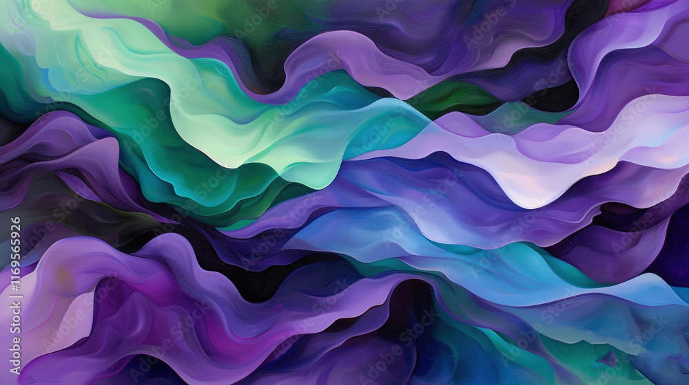 A swirling abstract piece featuring purple, blue, and green hues against a monochromatic backdrop, with a starkly contrasting white circle positioned at the canvas' base A swirling abstract piece featuring purple, blue, and green hues against a monochromatic backdrop, with a starkly contrasting white circle positioned at the canvas' base