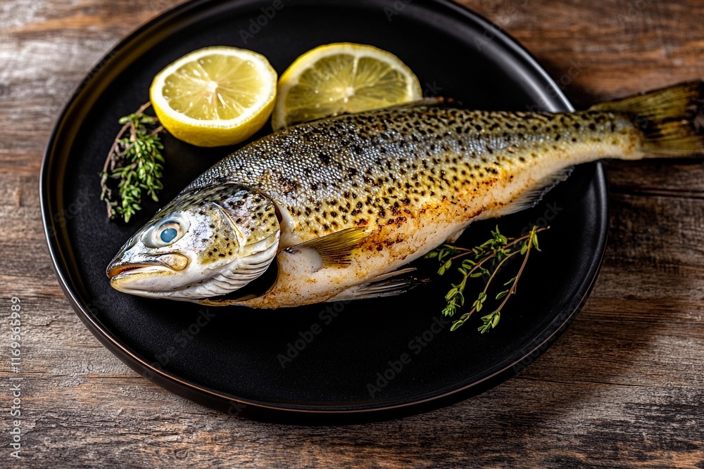 Delightful grilled fish garnished with herbs and lemon slices on a rustic plate Delightful grilled fish garnished with herbs and lemon slices on a rustic plate