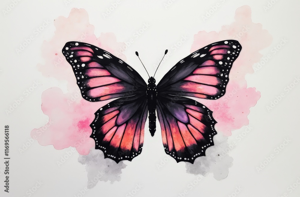 Artistic watercolor-style butterfly with pink and black wings