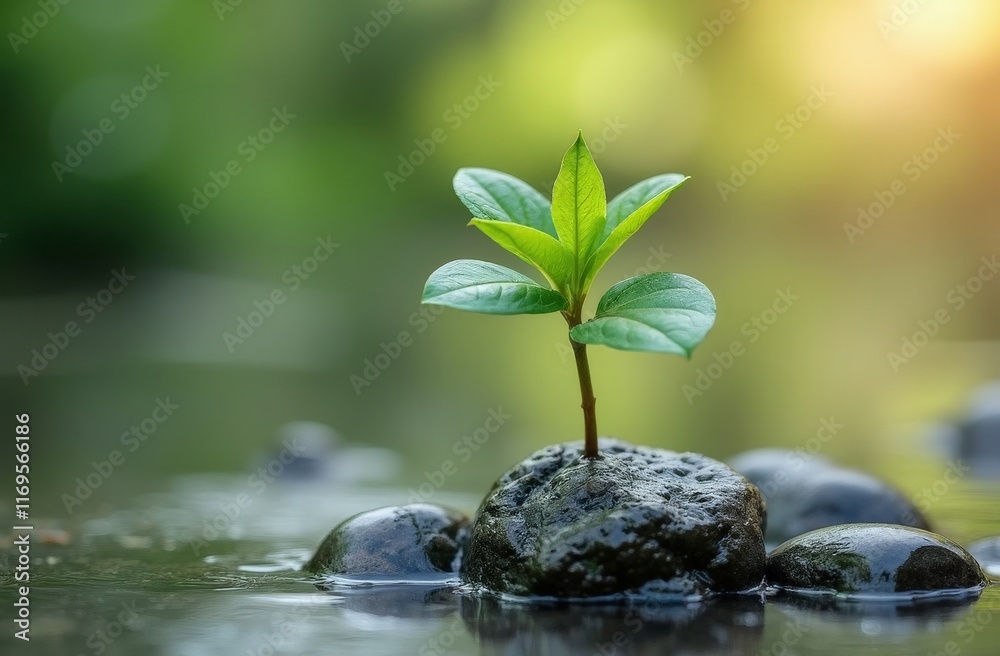 Small green plant growing from a rock in a peaceful water setting