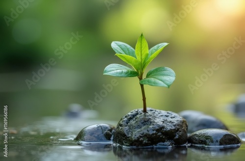 Obraz na płótnie Small green plant growing from a rock in a peaceful water setting w salonie