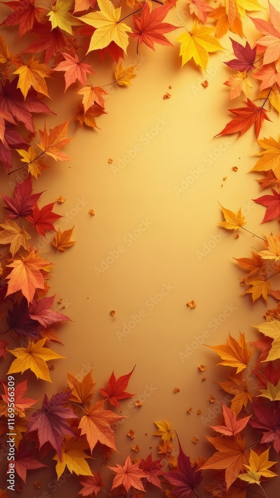 Autumn maple leaves in warm tones surrounding empty center space