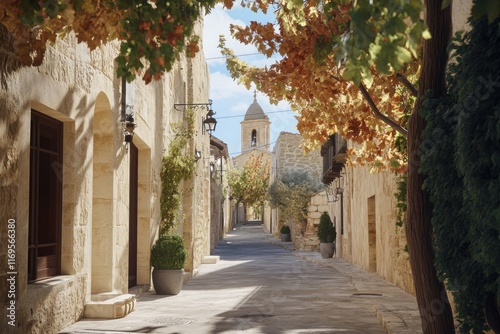 Sunny stone street in a quaint European village with autumn leaves and a church in the distance.