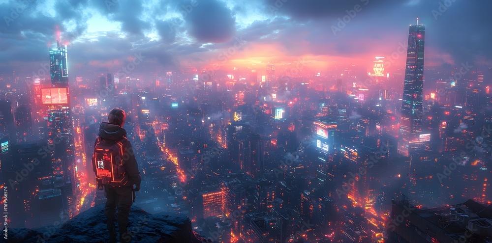 Futuristic smart city skyline illuminated by vibrant neon lights - Generative AI.