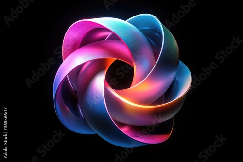Abstract 3D rendering of interwoven, iridescent metallic ribbons forming a complex, symmetrical knot against a transparent background.