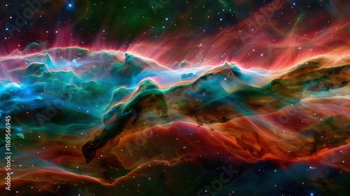   An image of a vibrant cosmos with a majestic peak at its center and celestial bodies scattered throughout the frame photo