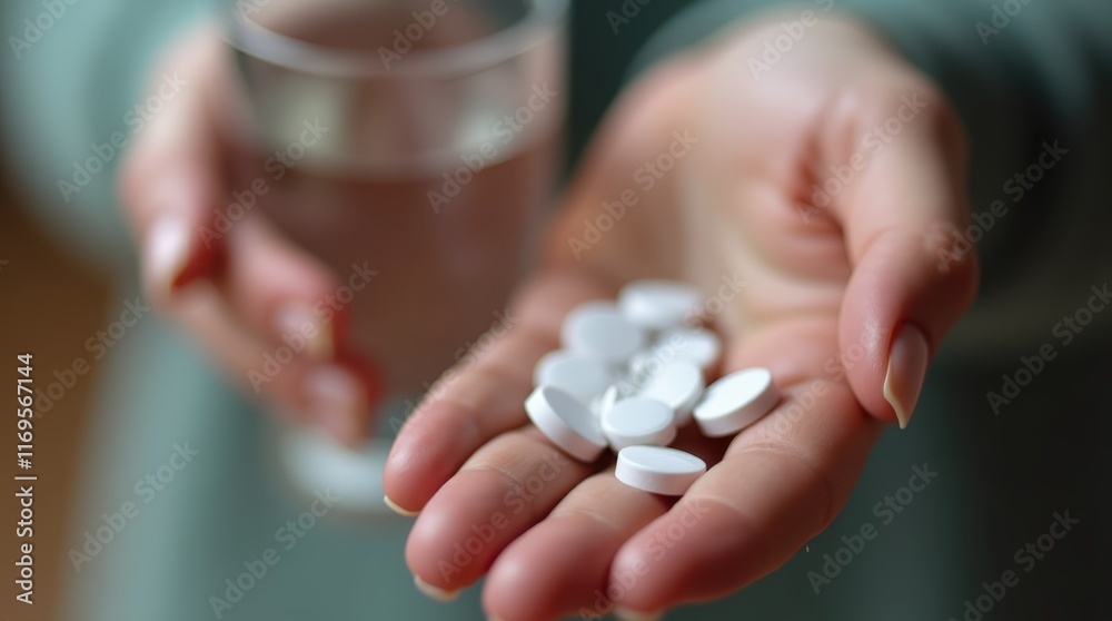 Close-up of a person's hands holding a handful of white pills and a glass of water.