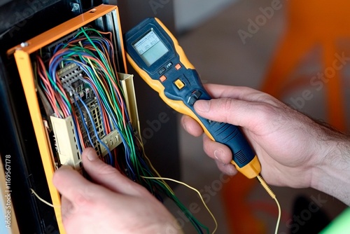 Skilled technician performs diagnostic test on complex electrical system in modern setting photo