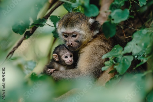 A mother monkey tenderly cradles her infant in the lush green foliage of a tropical forest.