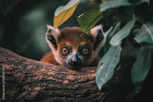 A red-fronted lemur peering from behind lush green leaves, perched on a dark brown tree branch. photo