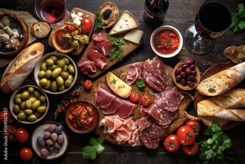 Overhead Shot of Spanish Tapas and Sangria - Rustic Mediterranean Meal with Meat and Street Food Vibes from Spain photo