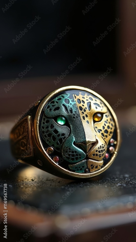 Close-up of ornate gold ring with carved jaguar face and gemstone eyes