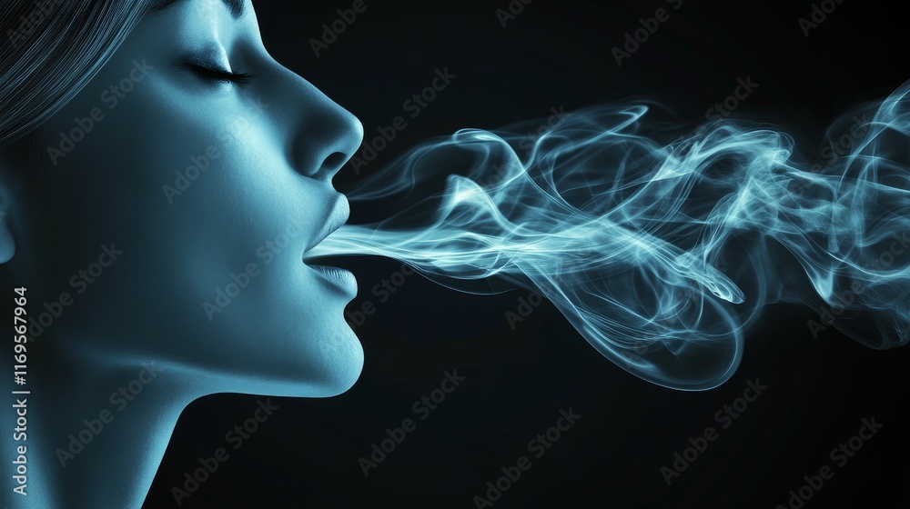 Woman's face, eyes closed, exhaling blue smoke. Woman's face, eyes closed, exhaling blue smoke.