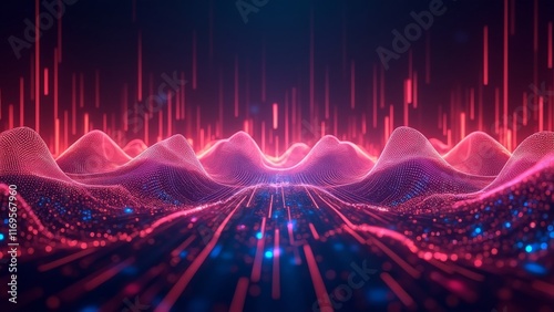Futuristic neon-lit digital landscape with glowing data streams, pink particle waves, and vertical light bars on dark background