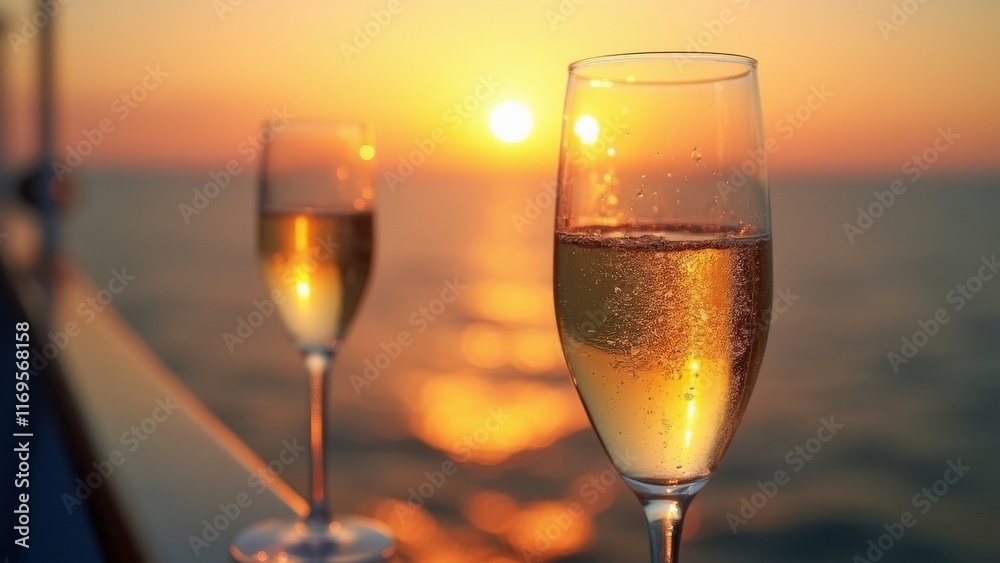 Close-up of champagne glasses on yacht deck at sunset