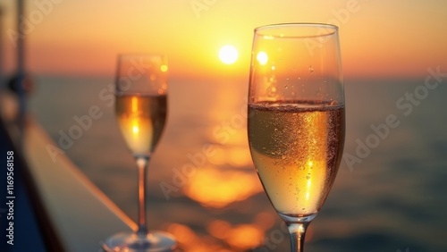 Close-up of champagne glasses on yacht deck at sunset