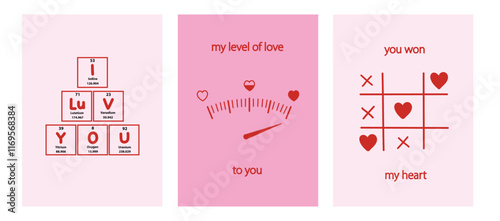 Creative greeting valentines day card. Tic-Tac-Toe, periodic table , speedometer concept. Pink, red, heart. Love, couple, cute banner modern design. Vector illustration