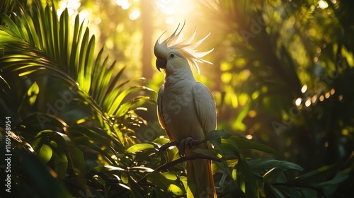 Majestic white cockatoo perched on a branch amidst lush tropical foliage, bathed in golden sunlight.