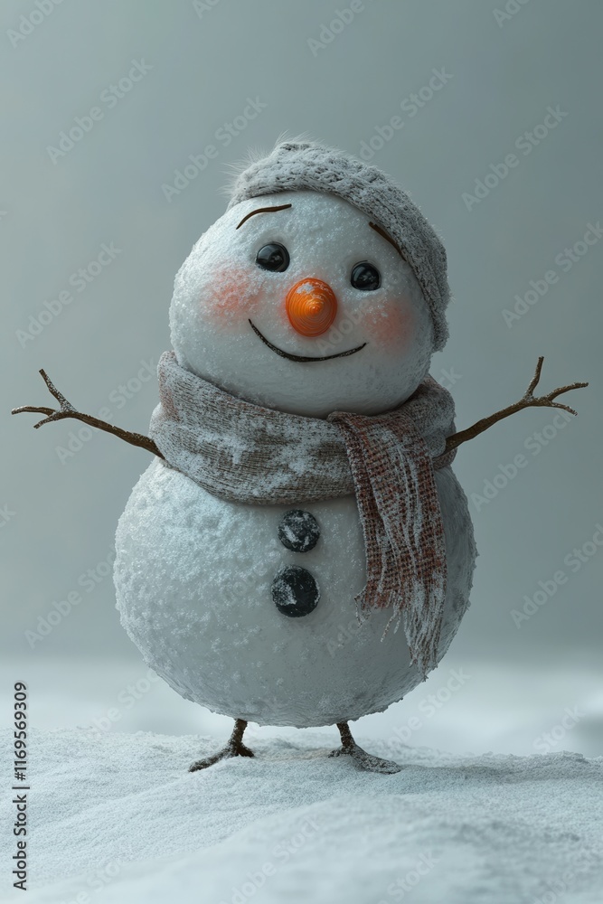 Obraz premium A cheerful snowman with a carrot nose, wearing a cozy scarf and hat, stands on a snowy surface with arms outstretched