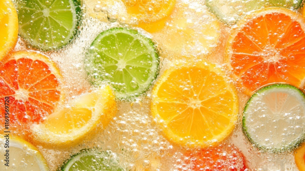 Vibrant Citrus Juices with Bubbles and Natural Lighting Vibrant Citrus Juices with Bubbles and Natural Lighting