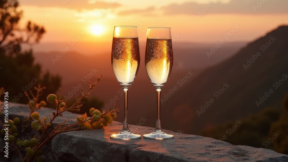 Champagne glasses on stone ledge at sunset with mountain view