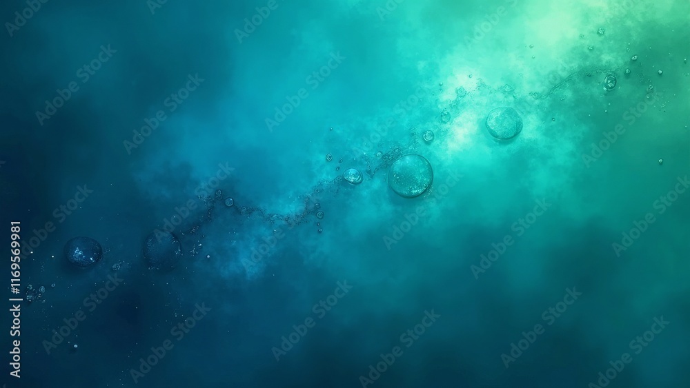 Abstract teal background with suspended water droplets and flowing texture