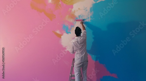 Artist Creating a Colorful Mural with Passion and Creativity. Generative ai