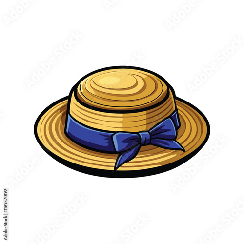 Illustration of a straw boater hat with a navy blue ribbon tied in a bow.