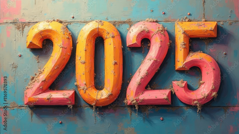 Rustic 3D digits forming the year 2025 on weathered teal metal wall