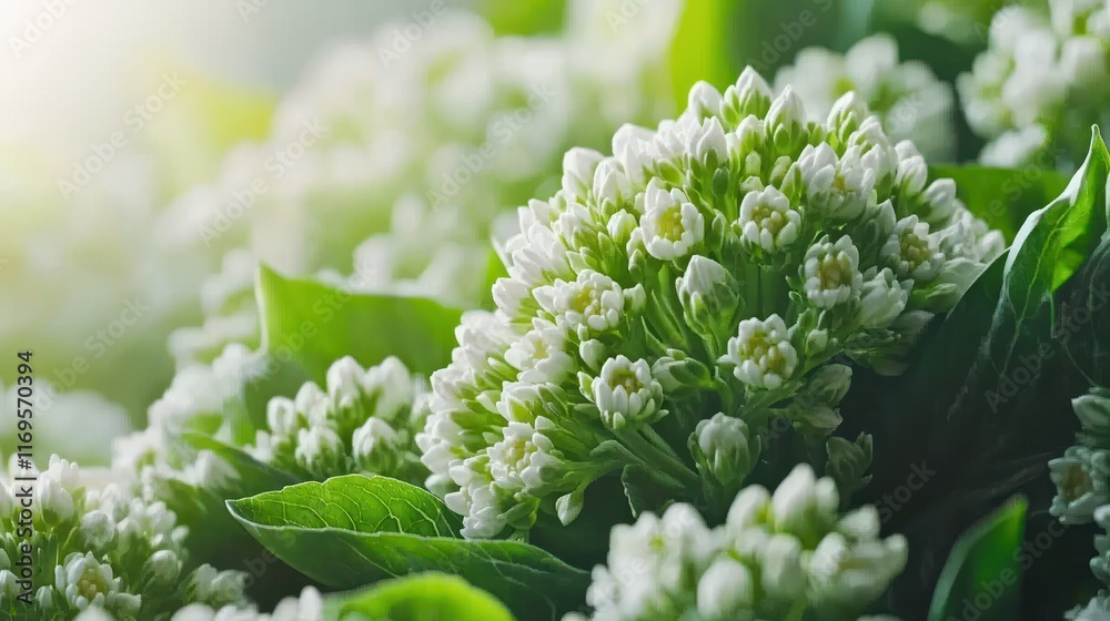 White flower buds blooming in sunny garden close-up White flower buds blooming in sunny garden close-up
