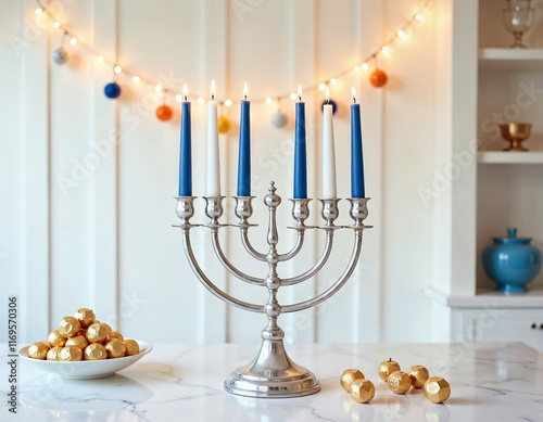 Minimalistic Hanukkah Setting with Silver Menorah and Festive Decorations photo