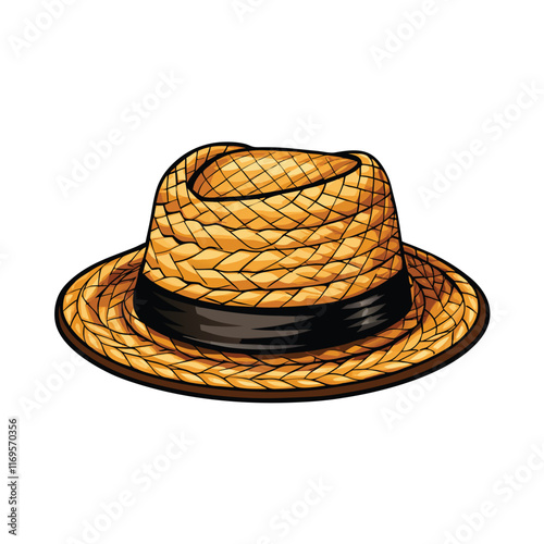 A detailed illustration of a stylish Panama hat woven from natural straw with a black ribbon.